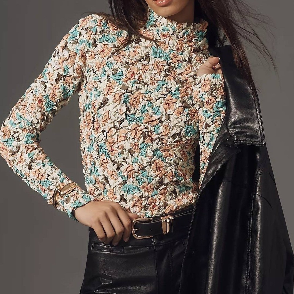 Anthropologie Dolan Pebble Smocked Top Women M Floral Mock Neck Boho Stretchy